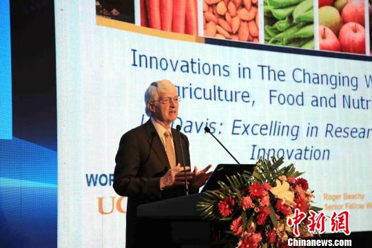 美国科学院院士、世界食品中心创始主任罗杰？比奇当天发表了《农业与食品的科技发展及未来展望》的演讲。　沙见龙 摄