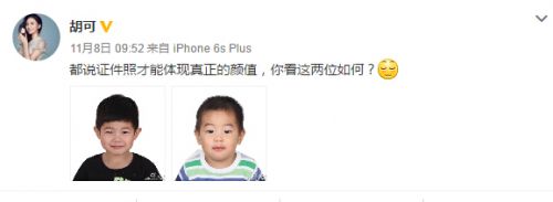 胡可曬兩兒子證件照 安吉和小魚兒證件照萌一臉