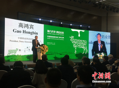 6日，中荷奶业发展中心成立三周年庆典活动在北京举行。中国奶业协会会长高鸿宾在会上发言。中新网 邱宇 摄