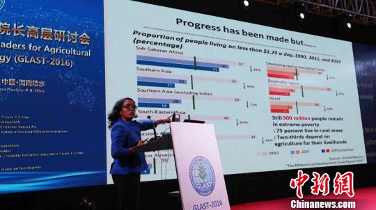 图为FAO助理总干事KundhaviKadiresan在第五届国际农科院院长高层研讨会上致辞。　付美斌 摄