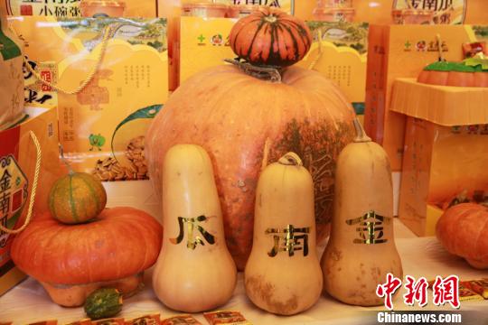 在地方名优产品展上展出的南瓜。　刘玉桃 摄