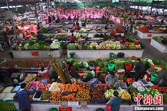 资料图片，市民在菜市选购新鲜蔬菜。 中新社记者 胡雁 摄