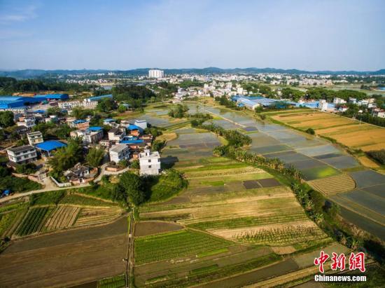 4月18日，天朗气清，在有中国“战时农都”之称的广西柳州市柳北区沙塘镇，农民抓住时机春耕、插秧。当地农人介绍，今年回暖较早、雨水充足，春耕时间较往年提早。抗日战争时期，该地为中央农业实验所、广西大学农学院为首的一批高级科研机构、高等学府所在地，为中国南方唯一仅存的农业试验中心，被称为“战时农都”。图为航拍广西柳州市柳北区沙塘镇耕地，五彩缤纷。 黄威铭 摄