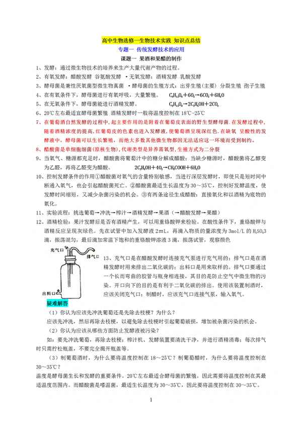 高中生物选修一知识点总结,高中生物选修一知识点总结思维导图