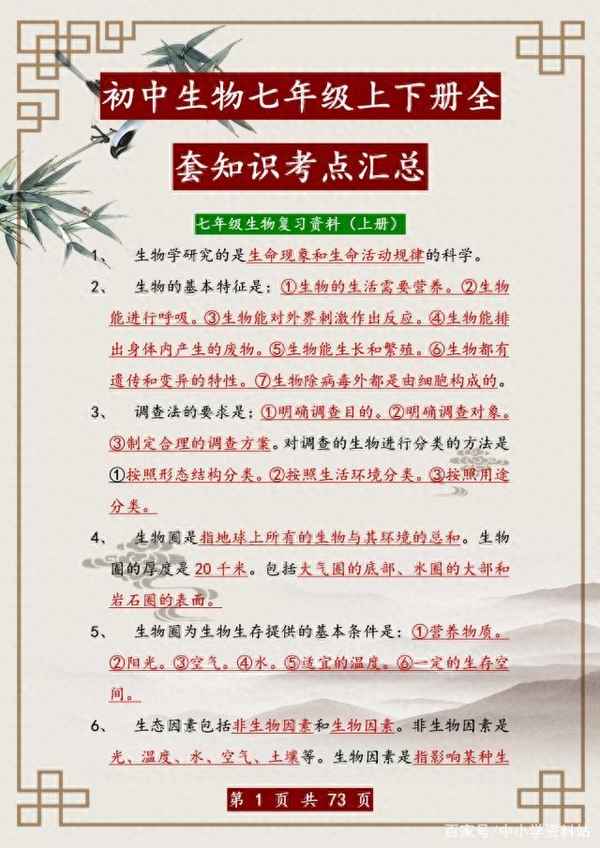 七年級生物知識點歸納總結、七年級生物知識點歸納總結電子版