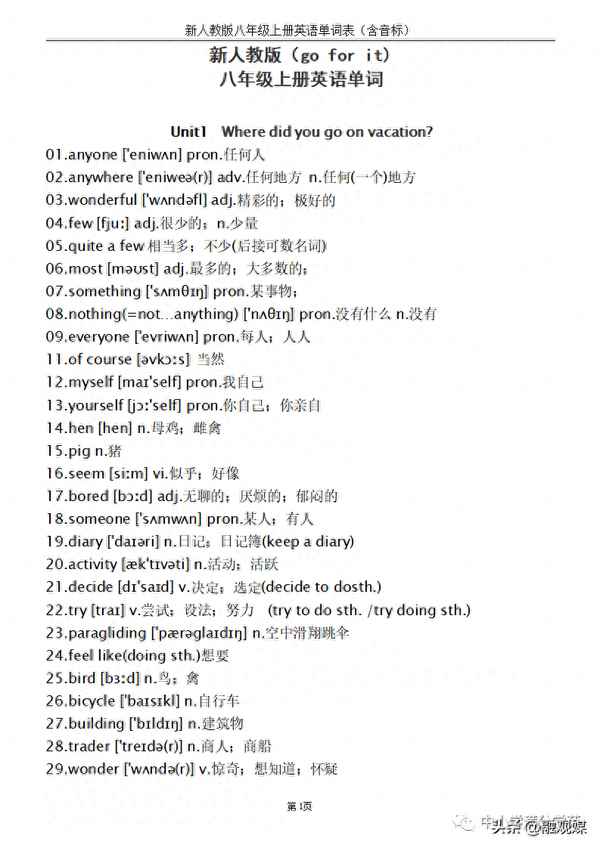 初二英語上冊課本單詞表、初二英語上冊單詞表(完整版)跟讀