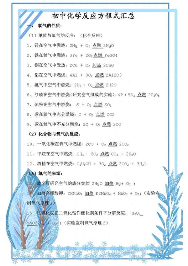 初中常用的化學方程式_初三必背的77個化學方程式